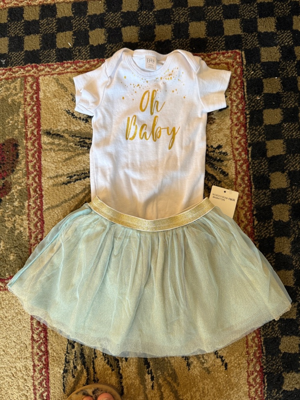 Nordstrom Baby White Bodysuit with Gold Script and Light Blue Tulle Skirt